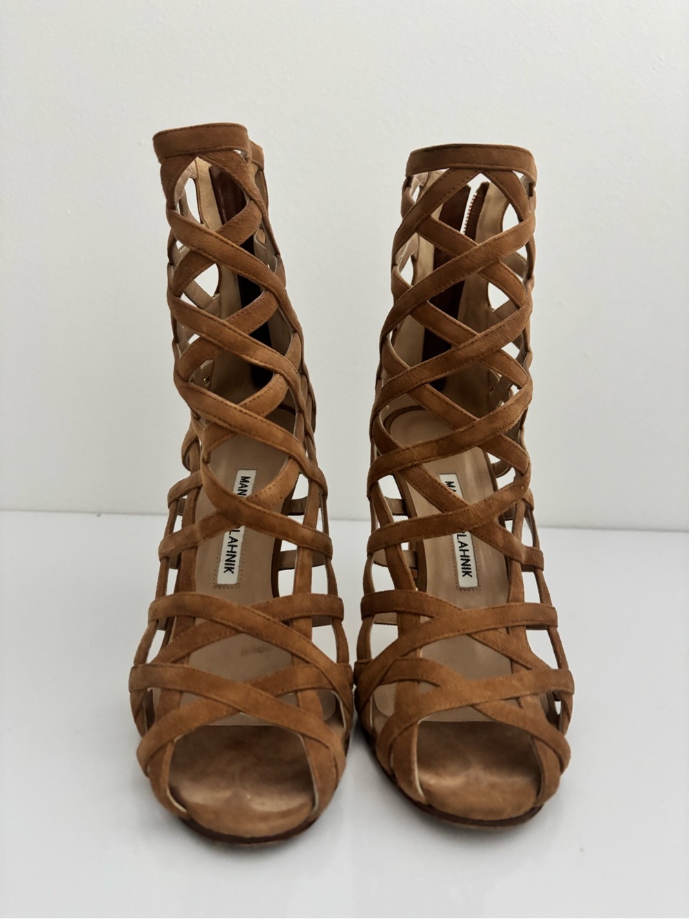 Manolo Blahnik Tan Suede Cage Gladiator Heels